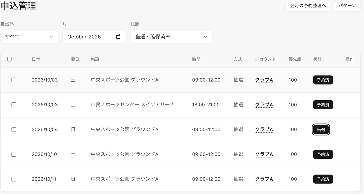 申込管理画面。当選・予約済の枠が日付ごとに並ぶ